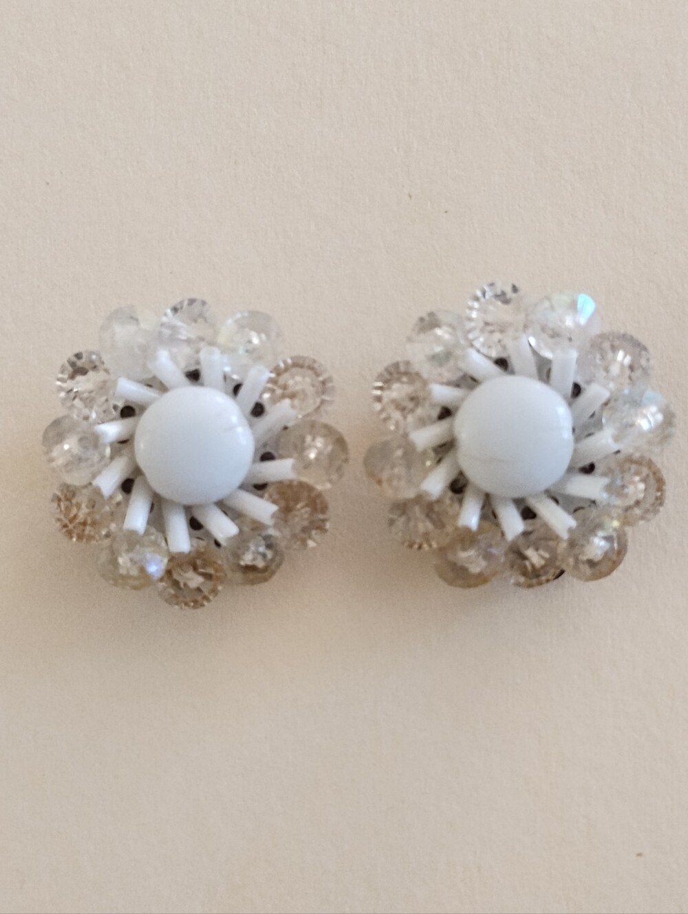 Vintage White and Crystal Colored Costume Jewelry Clip-On Earrings - W. Germany